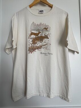 Vintage 90s Tultex Rideau Ferry Ontario Deer Graphic T-Shirt Off White Size L